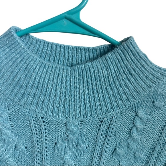 Blue Cowl Neck Sweater with Ruffled Shoulders Small cable knit - Picture 2 of 5